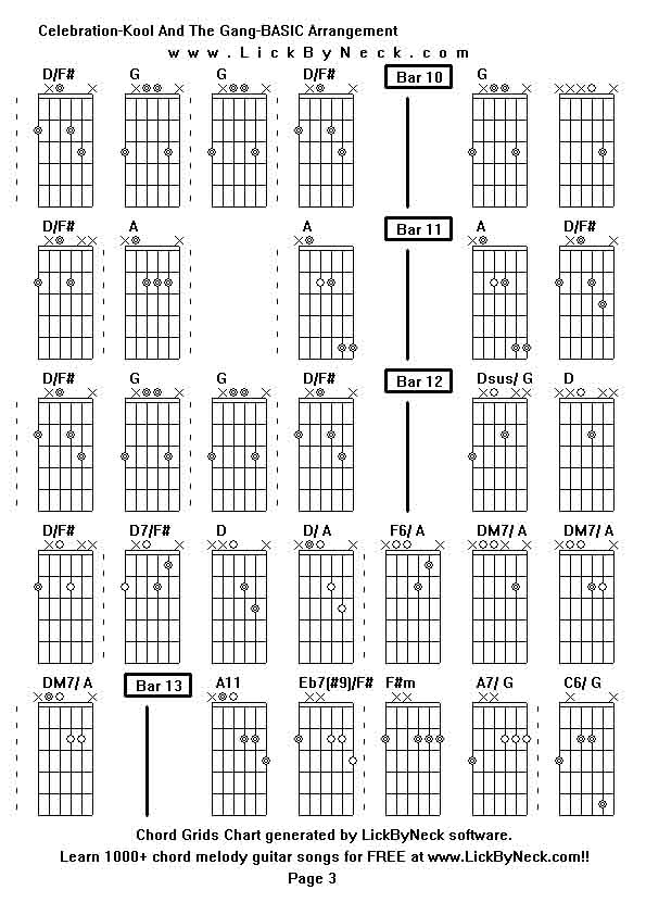 Chord Grids Chart of chord melody fingerstyle guitar song-Celebration-Kool And The Gang-BASIC Arrangement,generated by LickByNeck software.